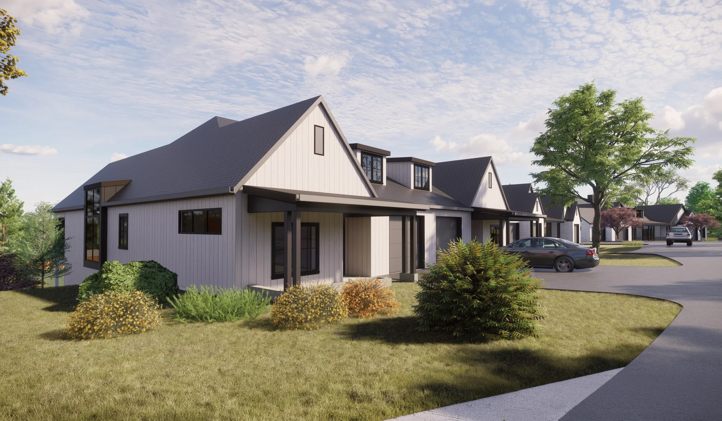 Exterior of a modern senior living community building with landscaped grounds and parked cars.