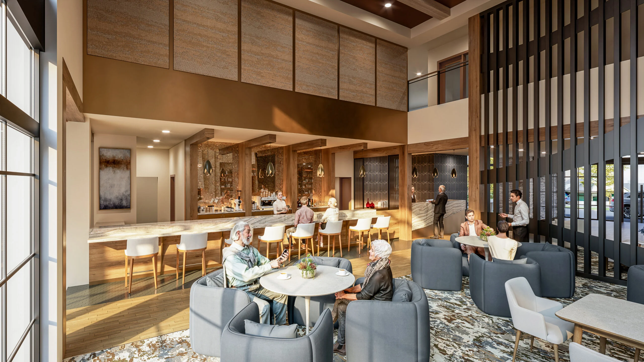 Residents sitting and socializing at round tables in a bright community lounge with a bar area and modern seating.