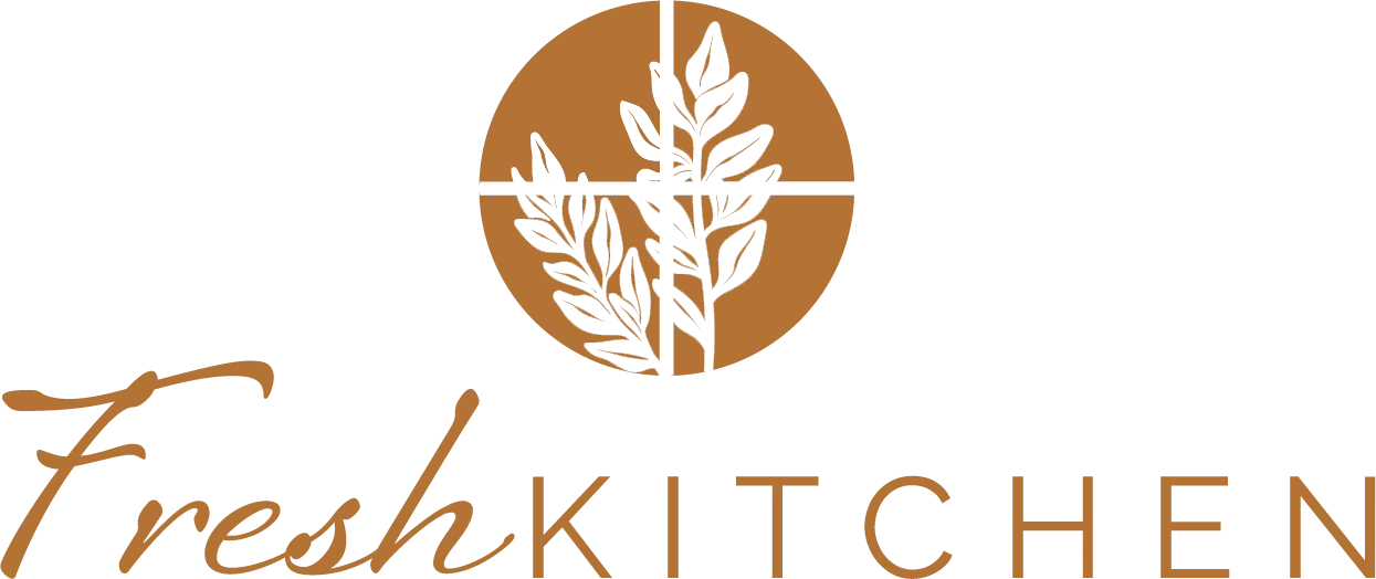 Logo featuring stylized plant inside circle above text 'Fresh Kitchen' in mixed fonts.