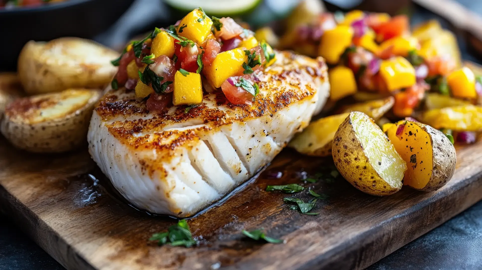 Grilled fish fillet topped with mango salsa served with roasted potatoes on a wooden board.