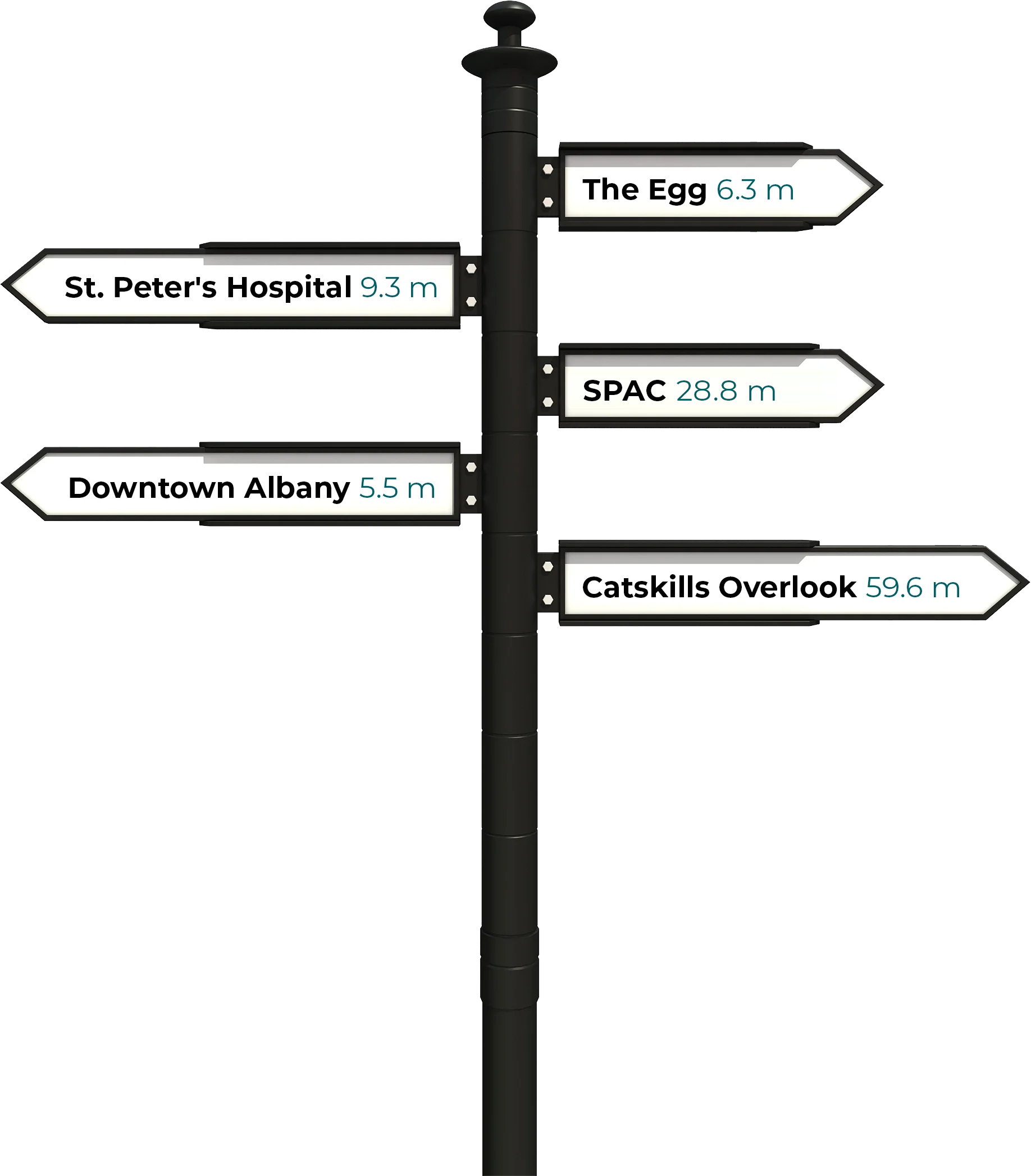 Black directional signpost showing distances to Hospital, Downtown Albany, The Egg, SPAC, and Catskills Overlook.